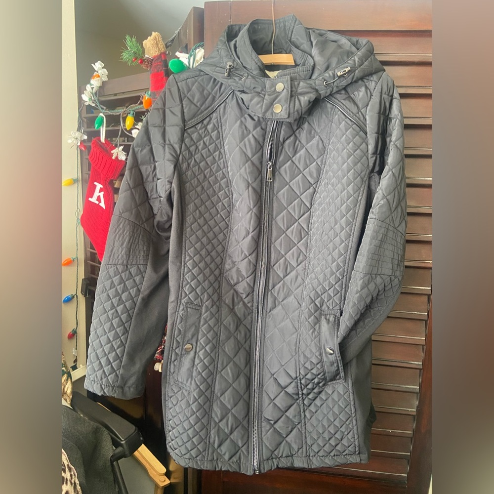 Sebby Collection quilted midi detach zip hood coat, belt not incl (not needed)